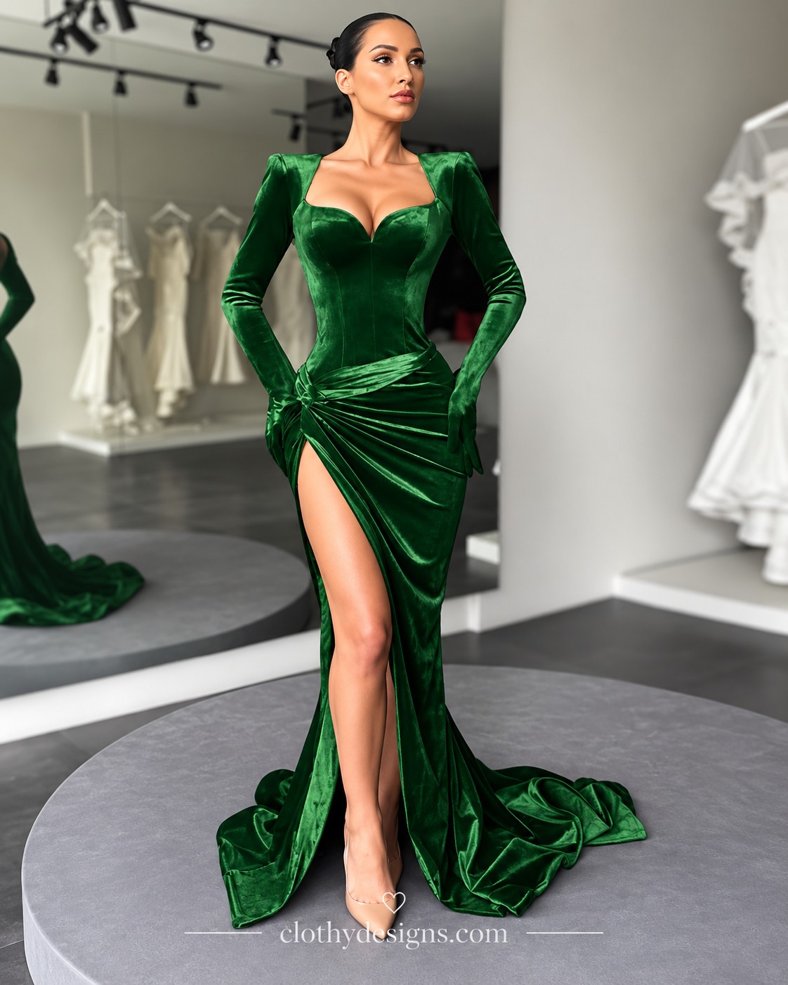 Women's Elegant Velvet Maxi Dress – Ruched Evening Gown with Slit, Long Sleeves & Glamorous Club Style